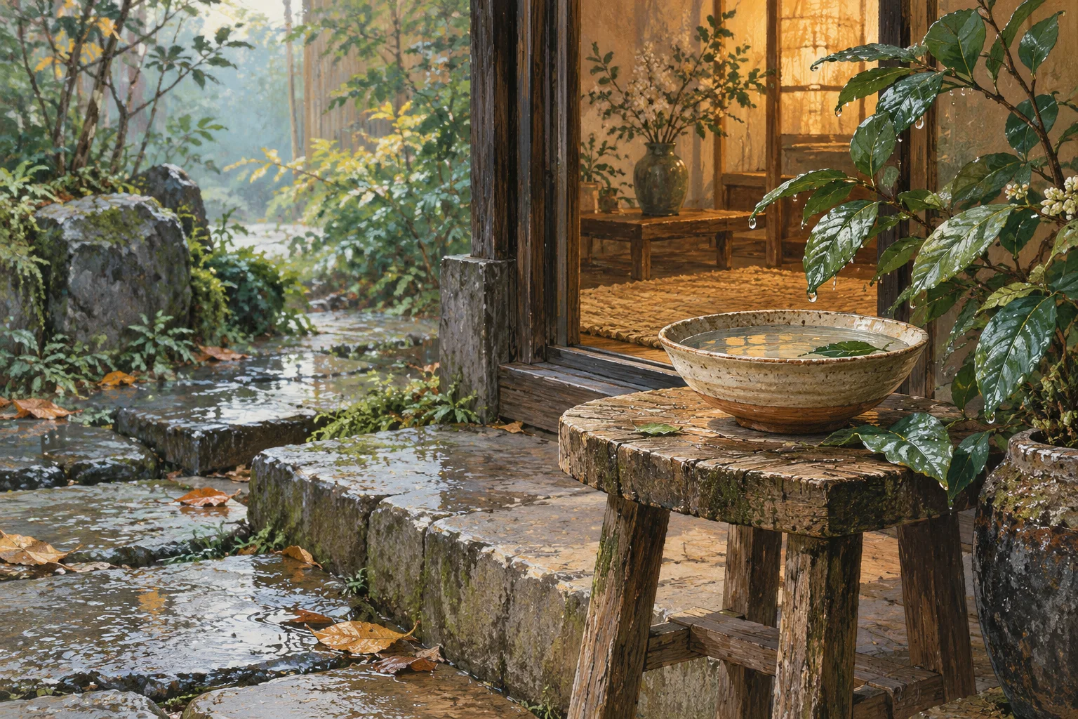 雨上がりの庭先で、木の椅子に置かれた器と濡れた緑が光る風景